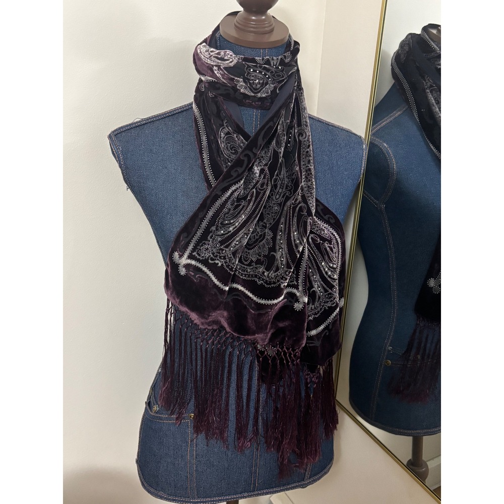 Plum Purple Devore Velvet Paisley Scarf Silver Studded Fringe Burnout Fringe